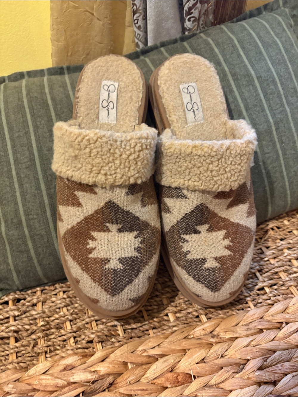 Jessica Simpson Tan and Brown Aztec Sherpa-Trim Slip-On Slippers